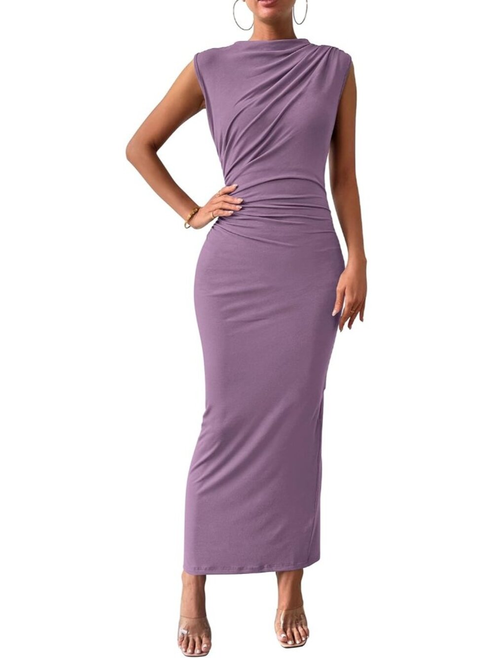 Women's Purple Summer Casual Sleeveless Lightweight Ruched Bodycon Maxi Dresses